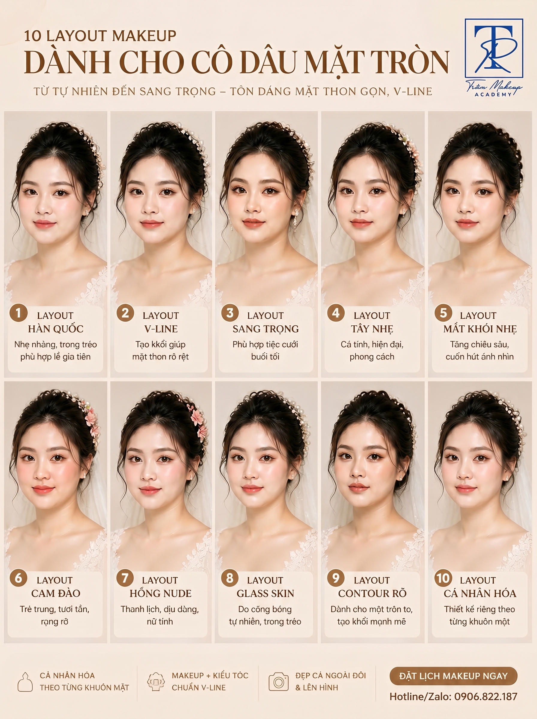 layout makeup cô dâu mặt tròn