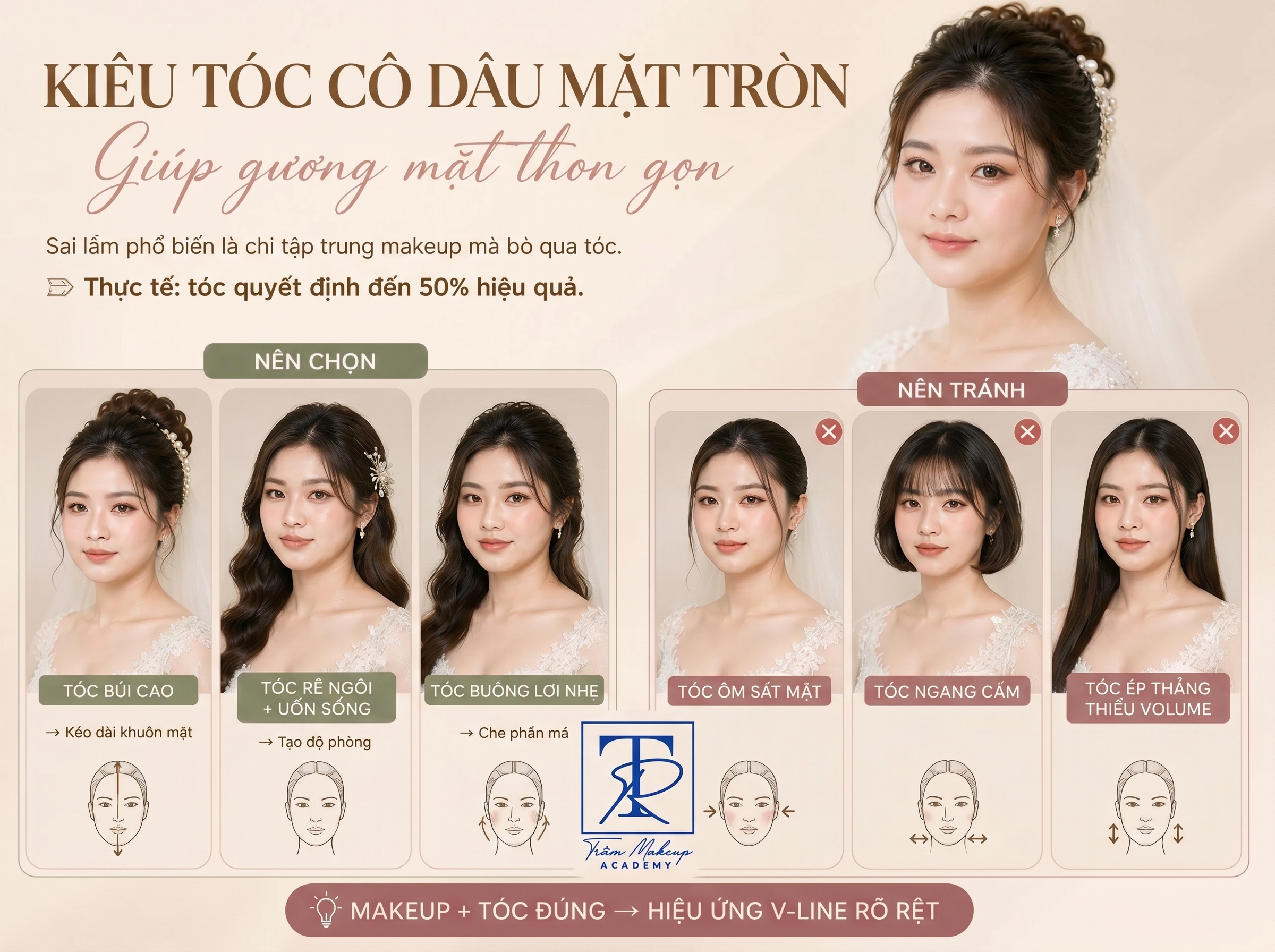 kiểu tóc cho cô dâu mặt tròn