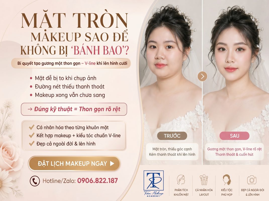 trang điểm cô dâu mặt tròn